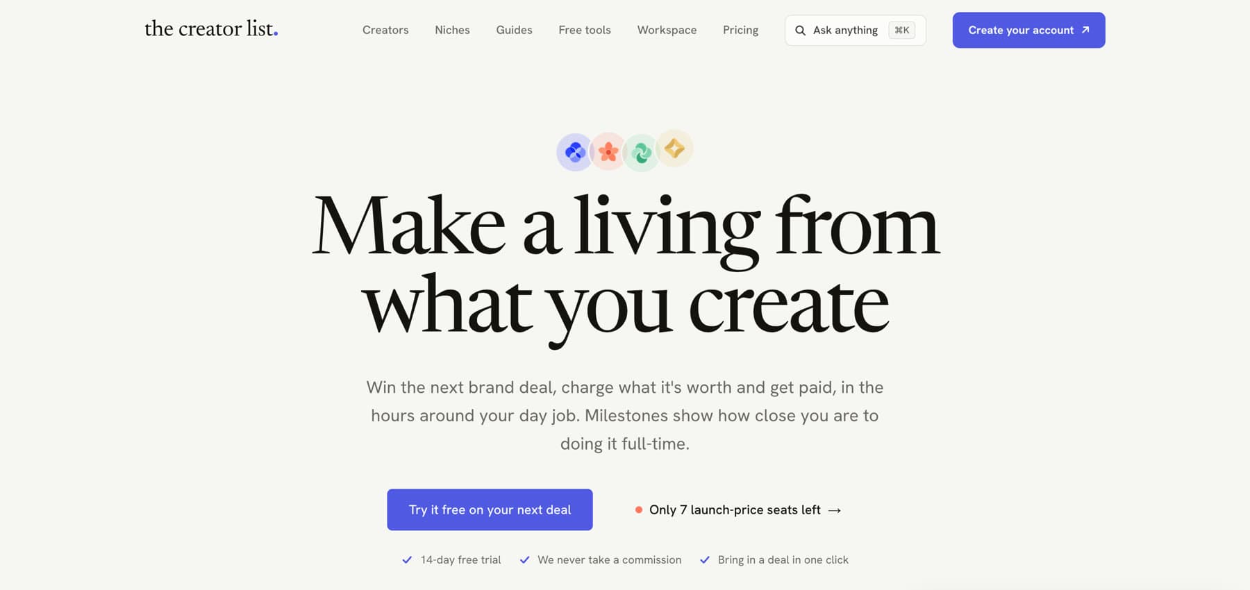The Creator List homepage: make a living from what you create