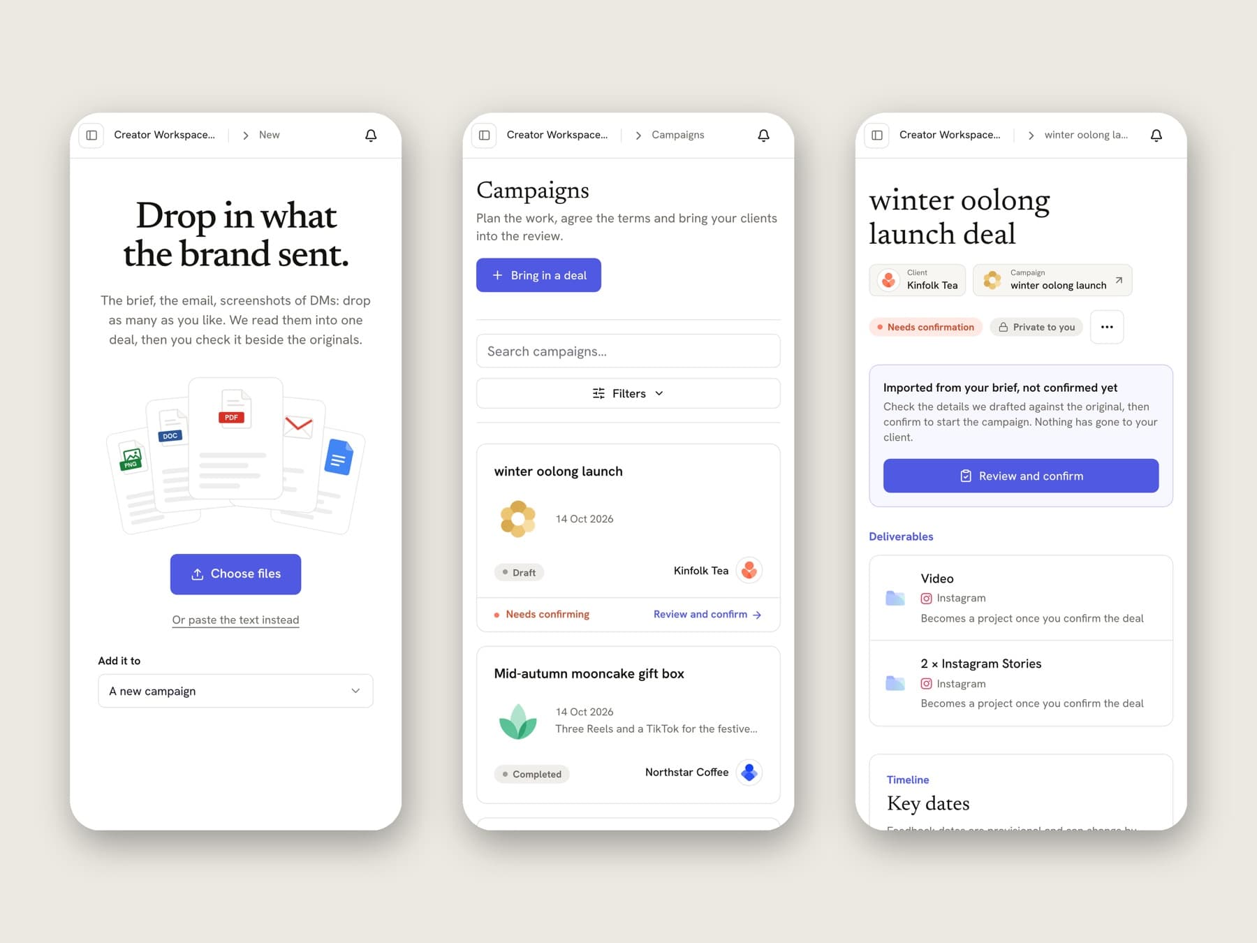 Three mobile screens: dropping in a brief, the campaigns list and the drafted deal