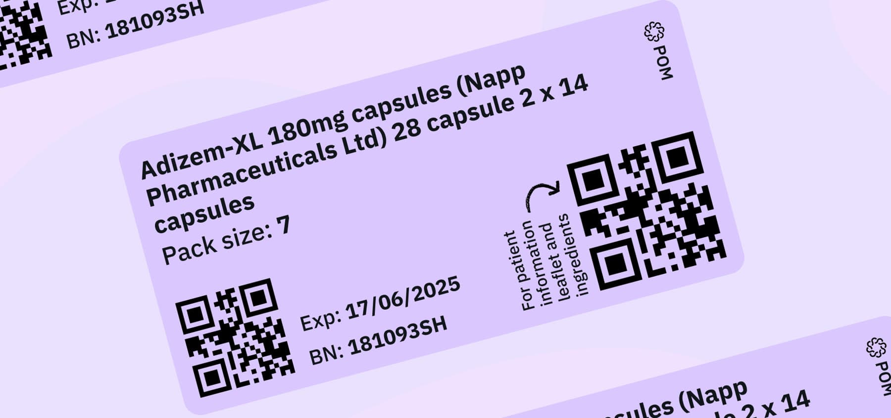 Printed recovery labels showing medicine name, pack size, expiry date, batch number and QR codes