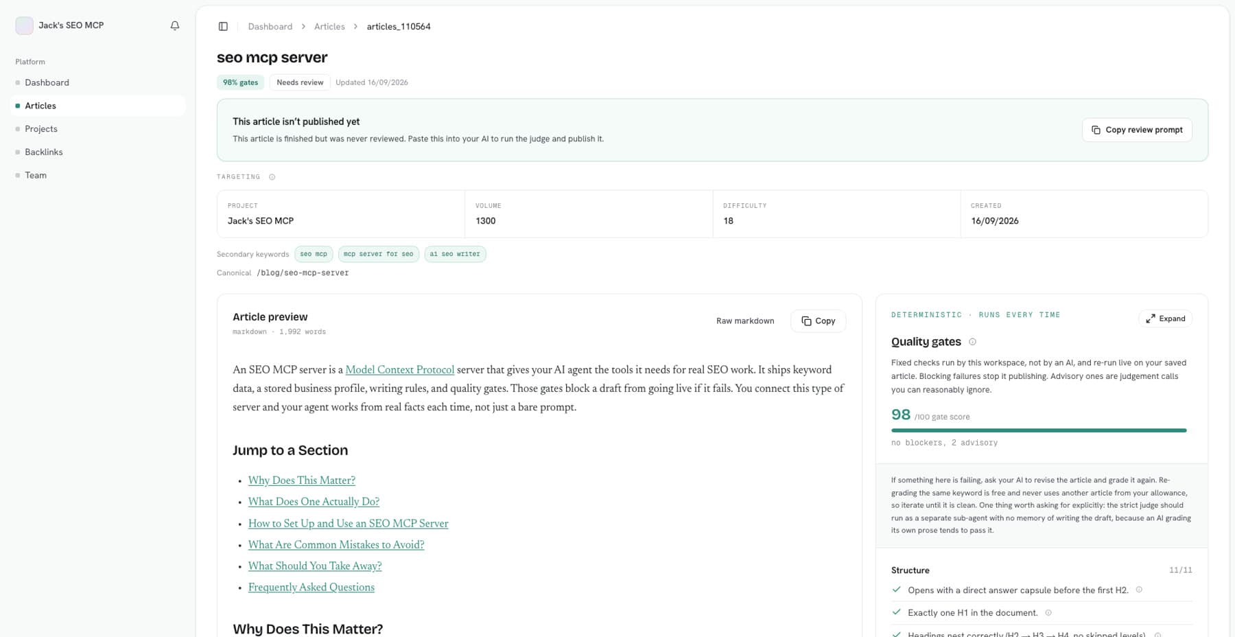 Article screen showing targeting data, an article preview and a quality gate score of 98 out of 100