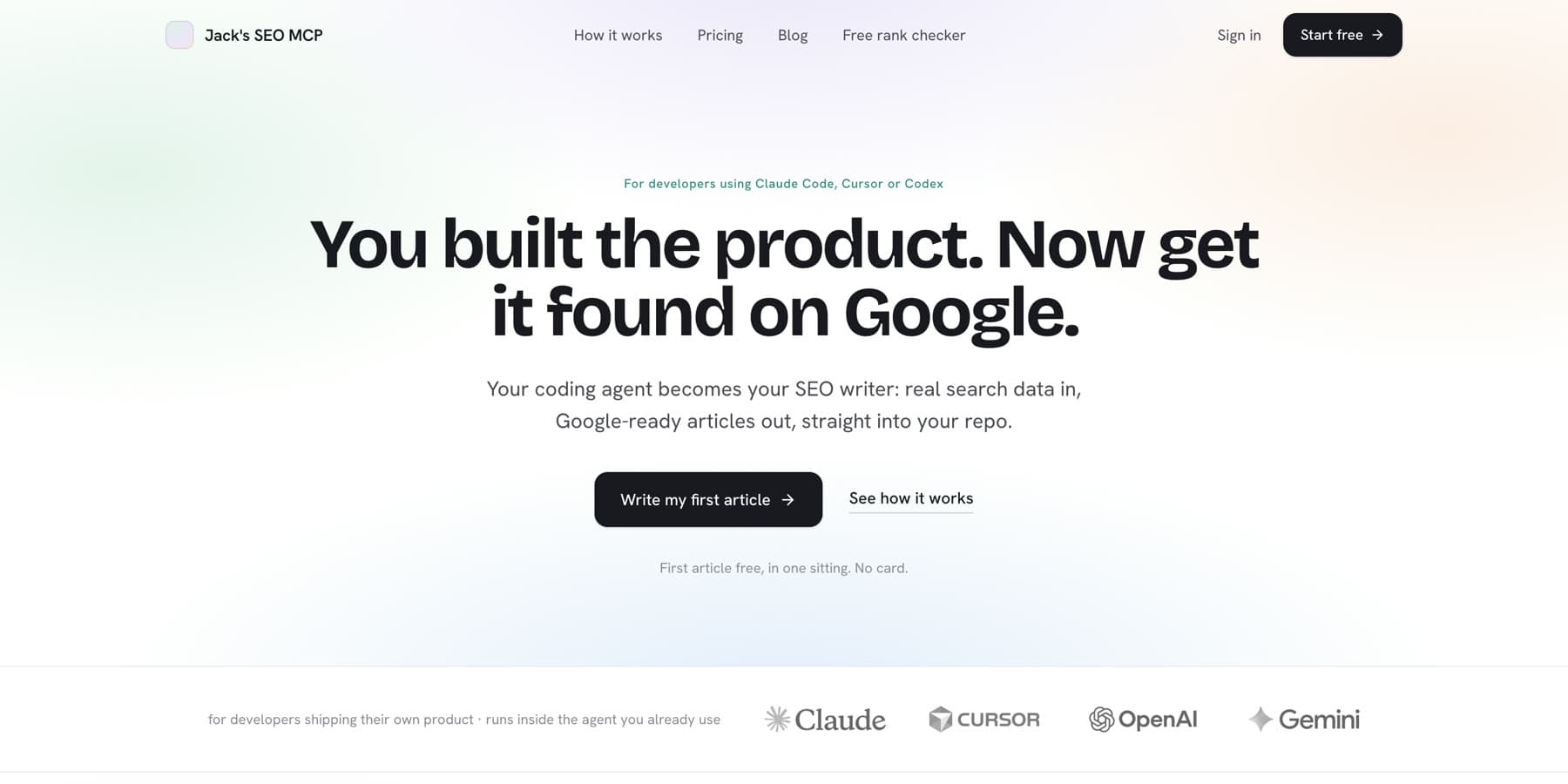 Jack's SEO MCP homepage: you built the product, now get it found on Google